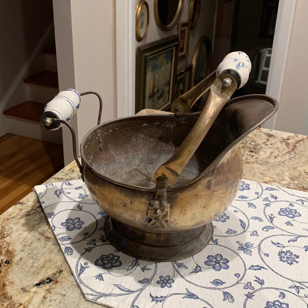 Vintage Large Dutch Copper & Delft Fireplace Bucket